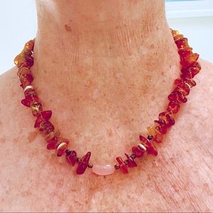Vintage Latvian amber necklace, rose quartz focal bead, sterling details
